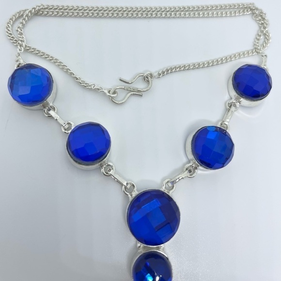 Sterling Silver Blue Faceted Gem Necklace – Artisan Made, 18” Statement - Picture 4 of 17